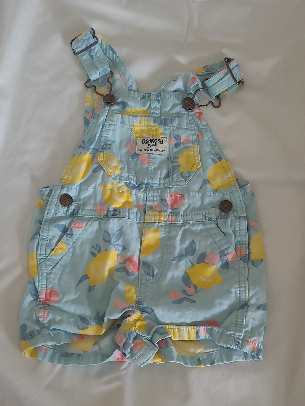 OshKosh B'gosh Baby Girls Lemon Print Light Blue Overall Shorts 12M Girls